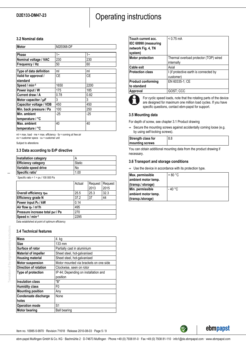 Operating instructions | ebm-papst D2E133-DM47-23 User Manual | Page 5 / 9