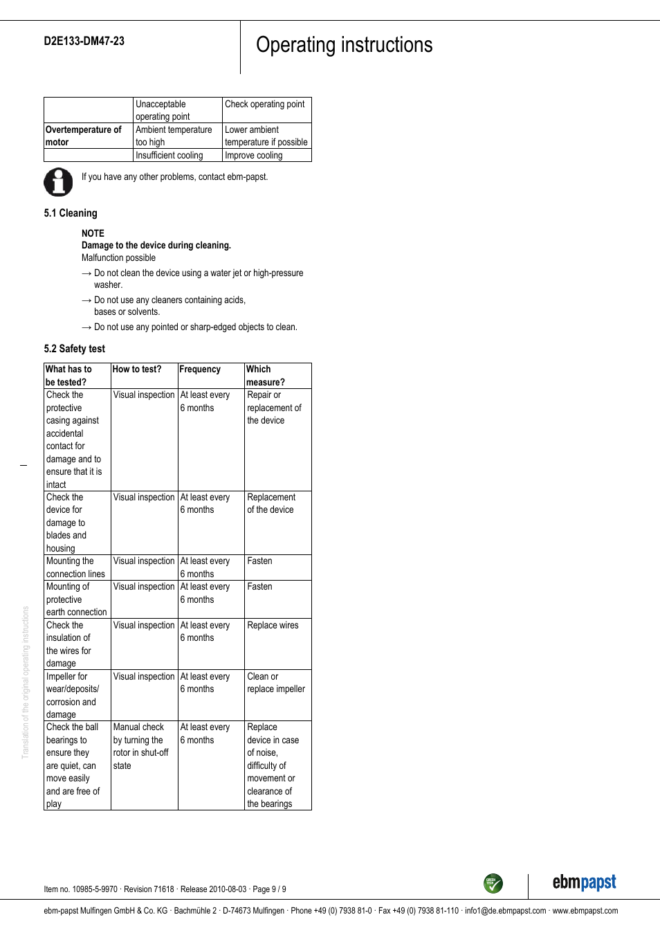 Operating instructions | ebm-papst D2E133-DM47-23 User Manual | Page 9 / 9