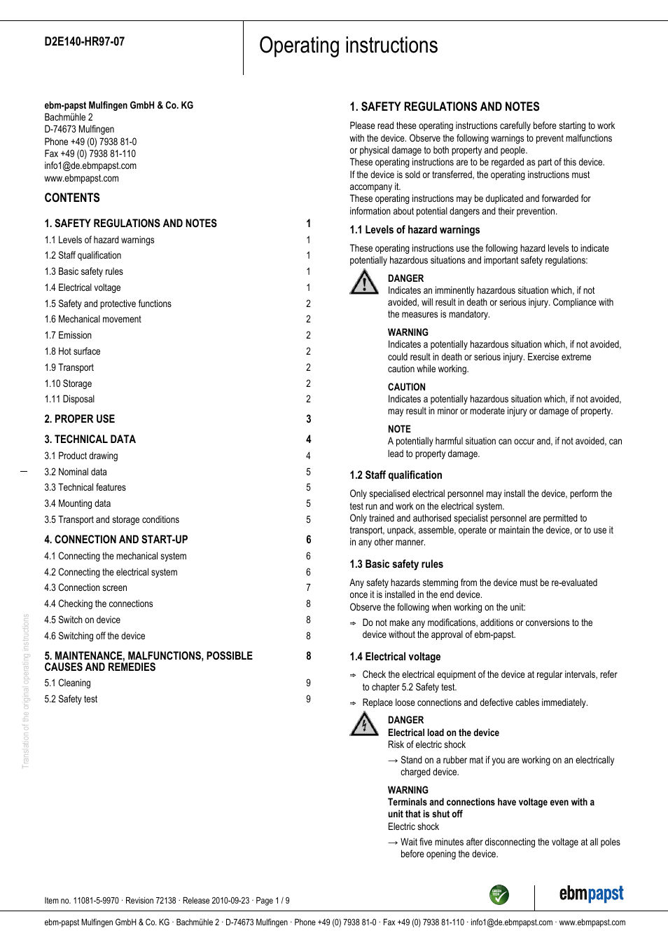 ebm-papst D2E140-HR97-07 User Manual | 9 pages