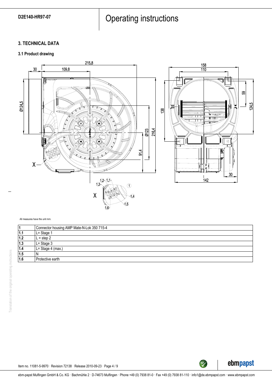 Operating instructions | ebm-papst D2E140-HR97-07 User Manual | Page 4 / 9