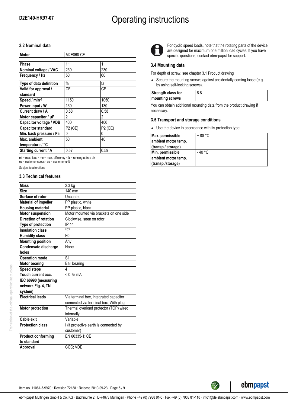 Operating instructions | ebm-papst D2E140-HR97-07 User Manual | Page 5 / 9