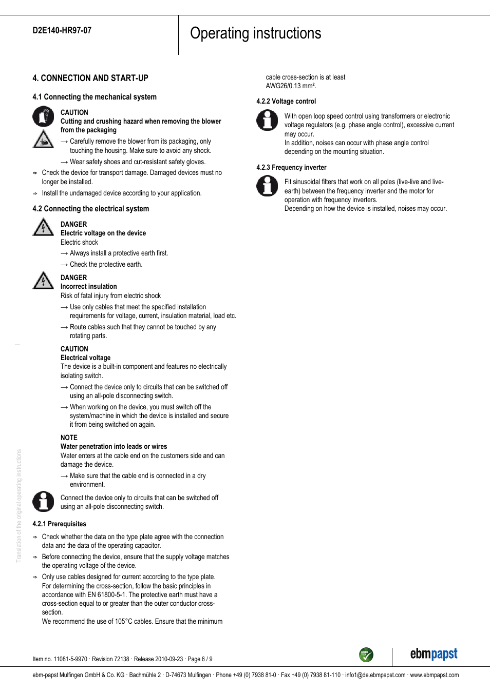 Operating instructions | ebm-papst D2E140-HR97-07 User Manual | Page 6 / 9