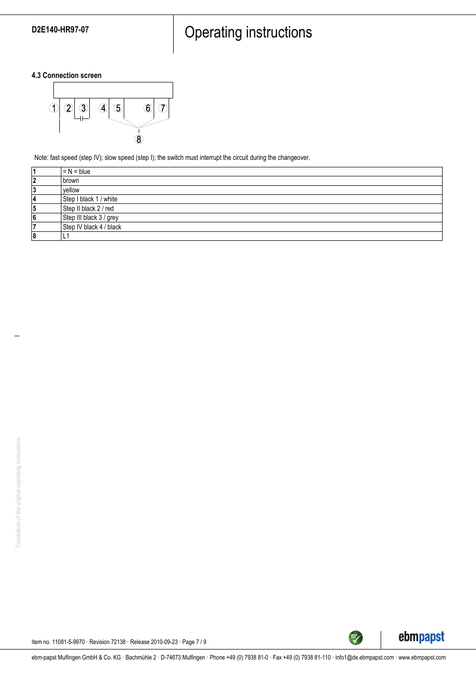Operating instructions | ebm-papst D2E140-HR97-07 User Manual | Page 7 / 9