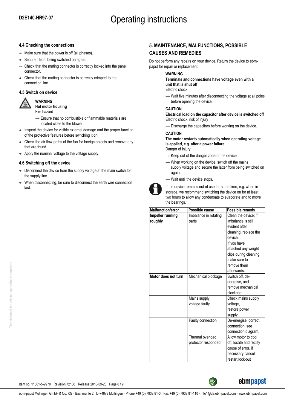 Operating instructions | ebm-papst D2E140-HR97-07 User Manual | Page 8 / 9