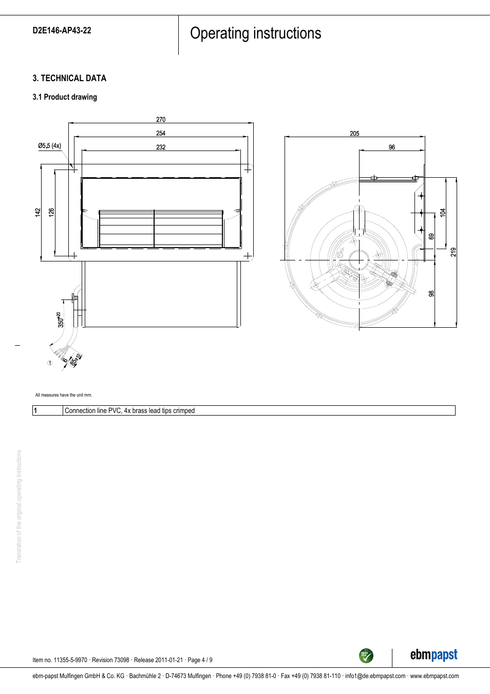 Operating instructions | ebm-papst D2E146-AP43-22 User Manual | Page 4 / 9