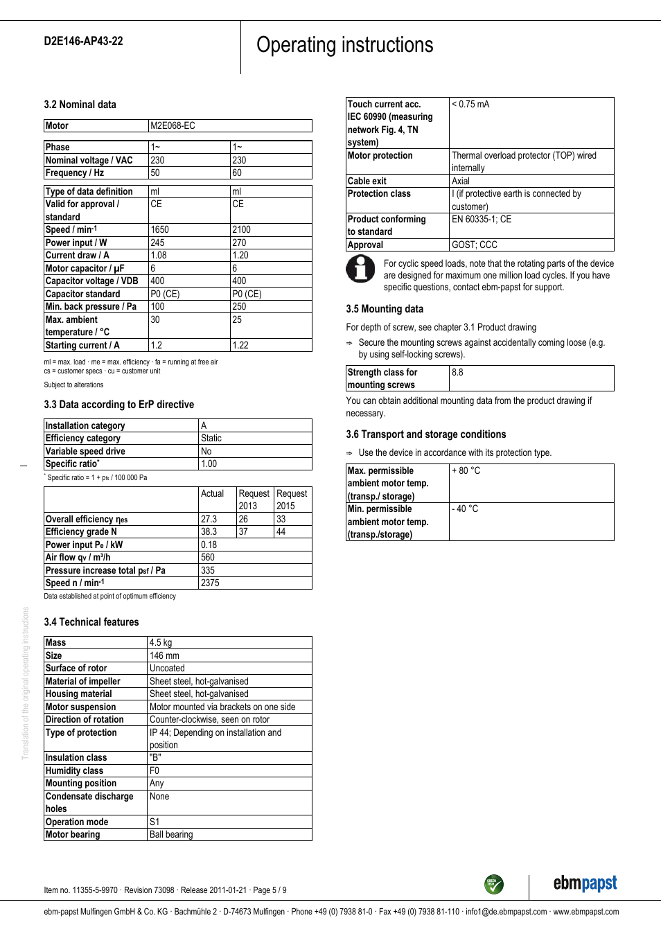 Operating instructions | ebm-papst D2E146-AP43-22 User Manual | Page 5 / 9