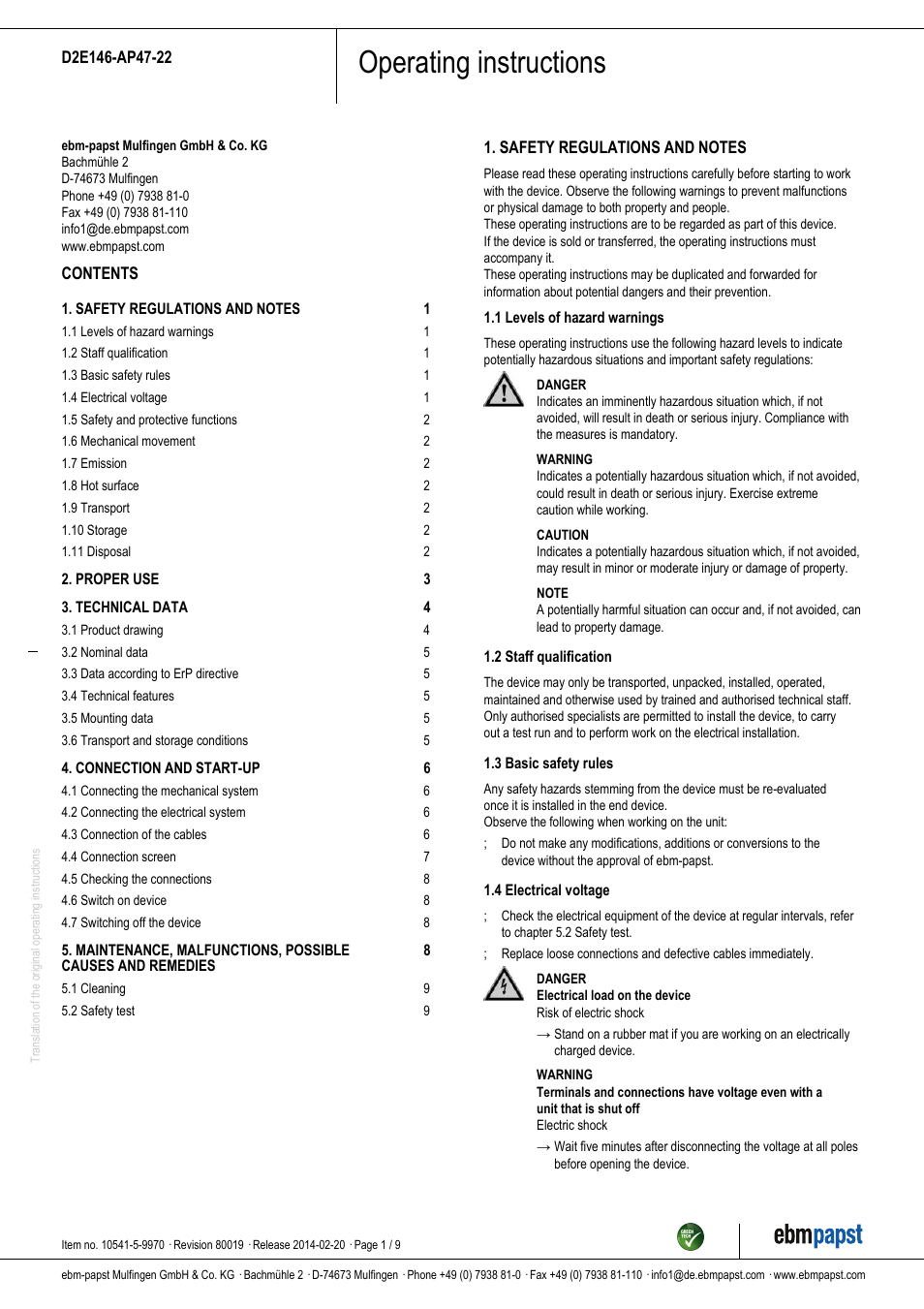 ebm-papst D2E146-AP47-22 User Manual | 9 pages