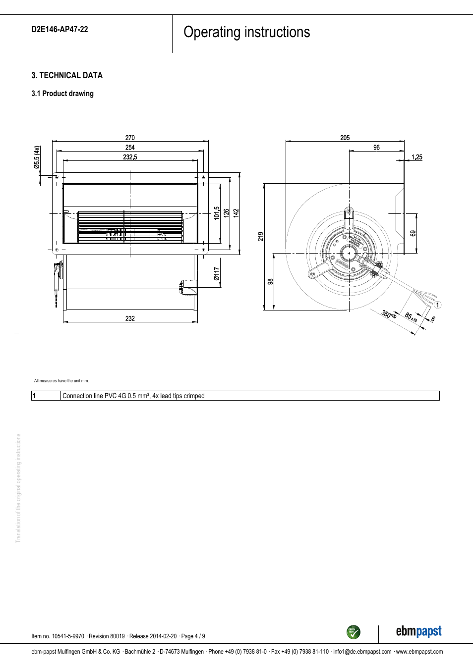 Operating instructions | ebm-papst D2E146-AP47-22 User Manual | Page 4 / 9