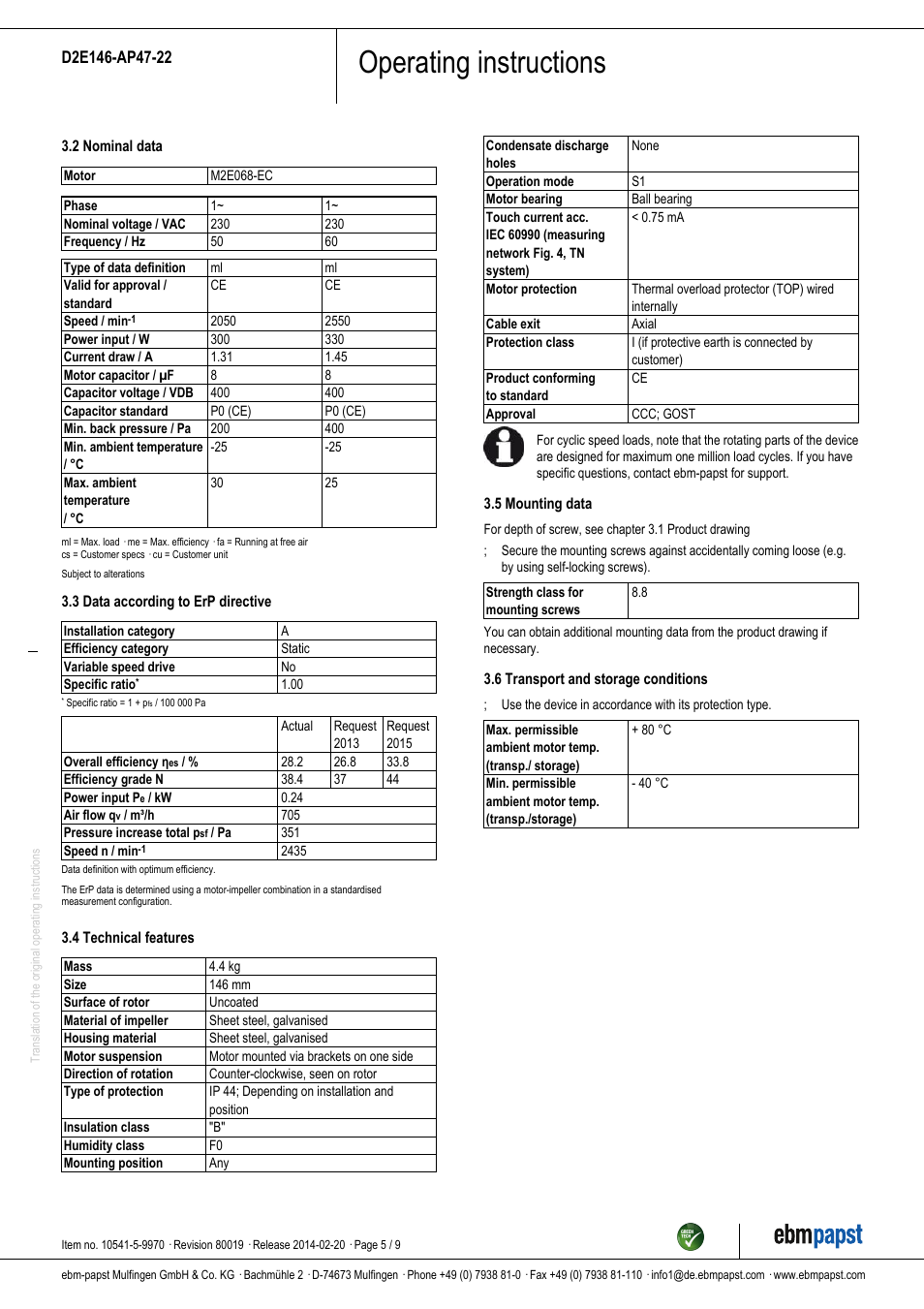 Operating instructions | ebm-papst D2E146-AP47-22 User Manual | Page 5 / 9