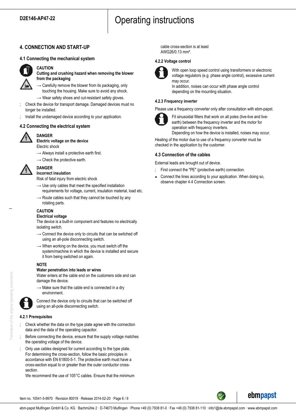 Operating instructions | ebm-papst D2E146-AP47-22 User Manual | Page 6 / 9