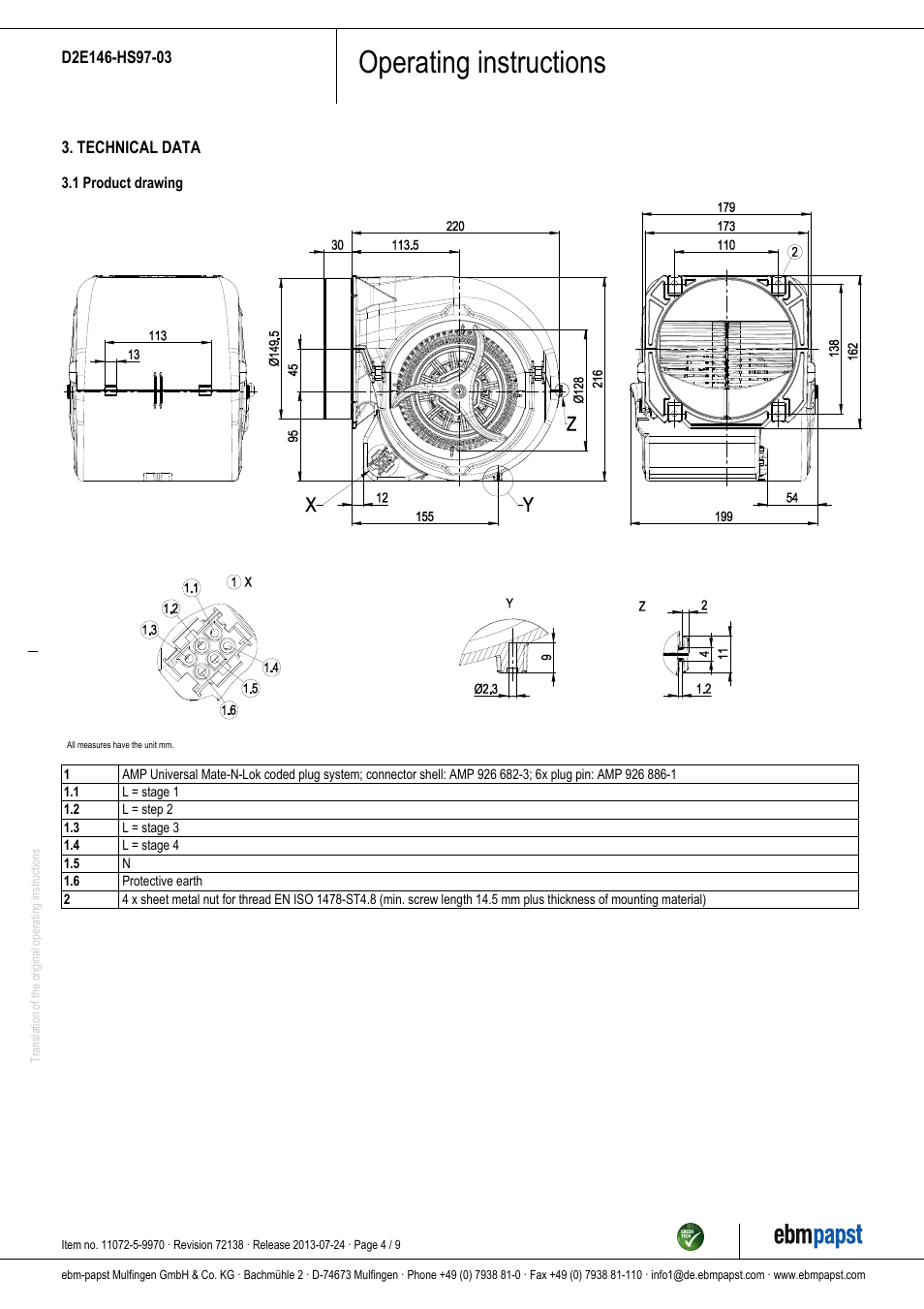 Operating instructions | ebm-papst D2E146-HS97-03 User Manual | Page 4 / 9