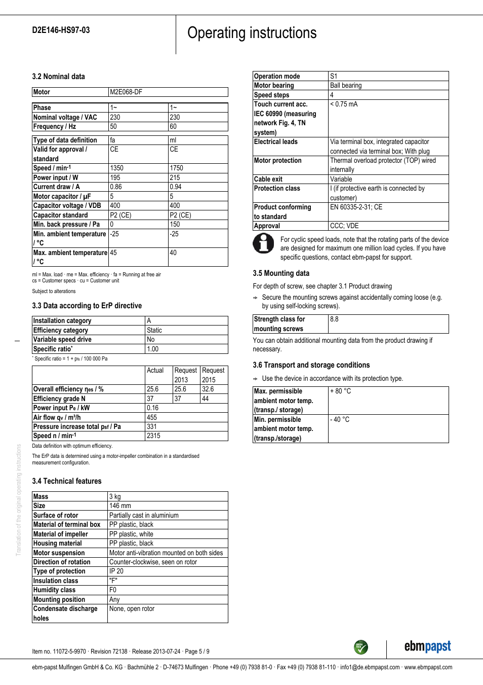 Operating instructions | ebm-papst D2E146-HS97-03 User Manual | Page 5 / 9