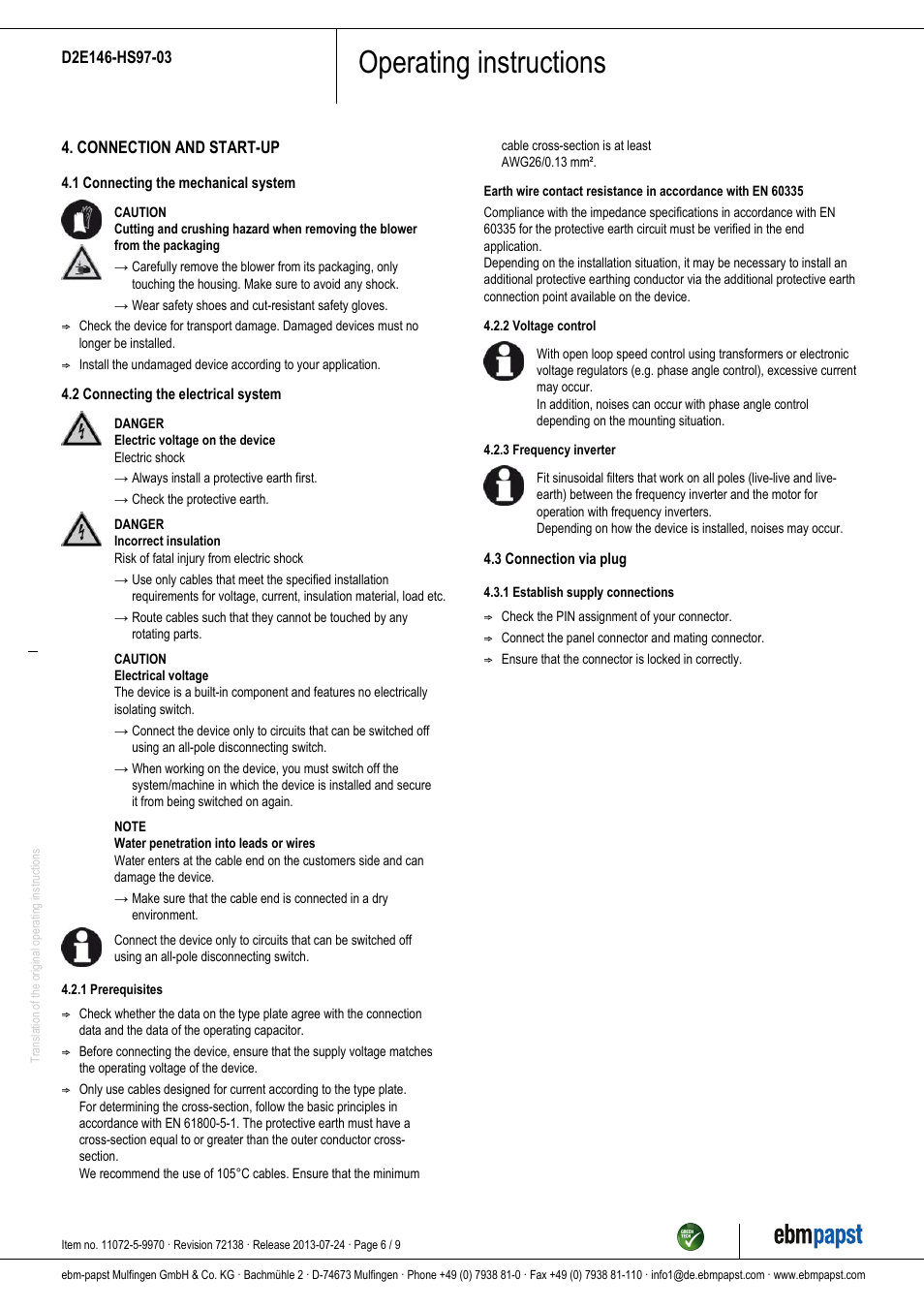 Operating instructions | ebm-papst D2E146-HS97-03 User Manual | Page 6 / 9