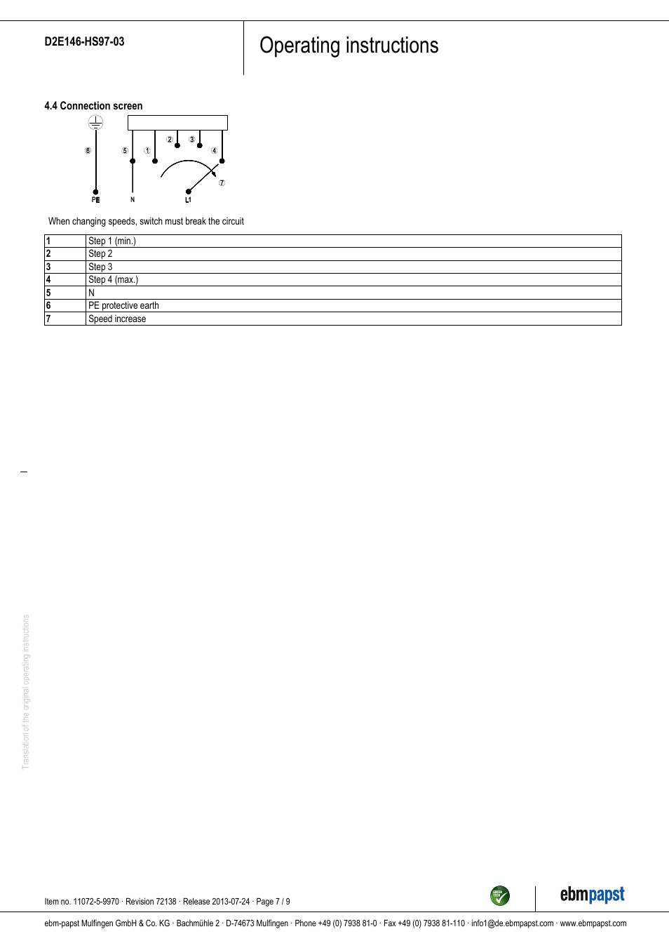 Operating instructions | ebm-papst D2E146-HS97-03 User Manual | Page 7 / 9