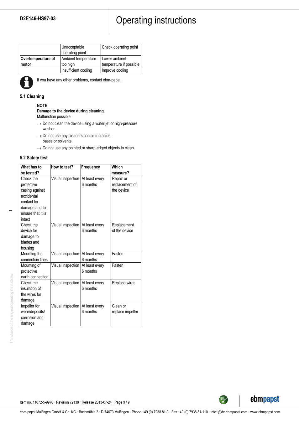 Operating instructions | ebm-papst D2E146-HS97-03 User Manual | Page 9 / 9