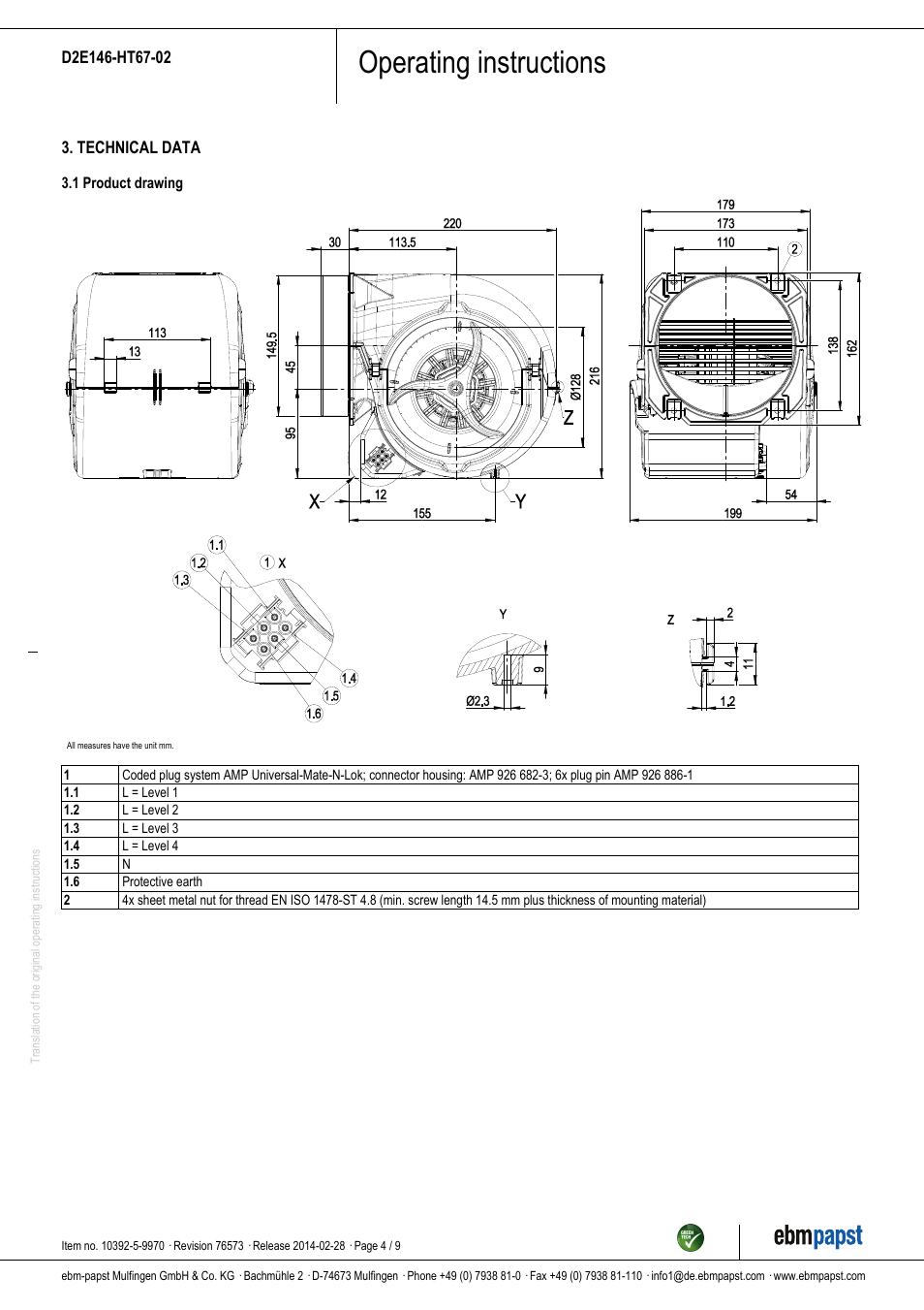 Operating instructions | ebm-papst D2E146-HT67-02 User Manual | Page 4 / 9