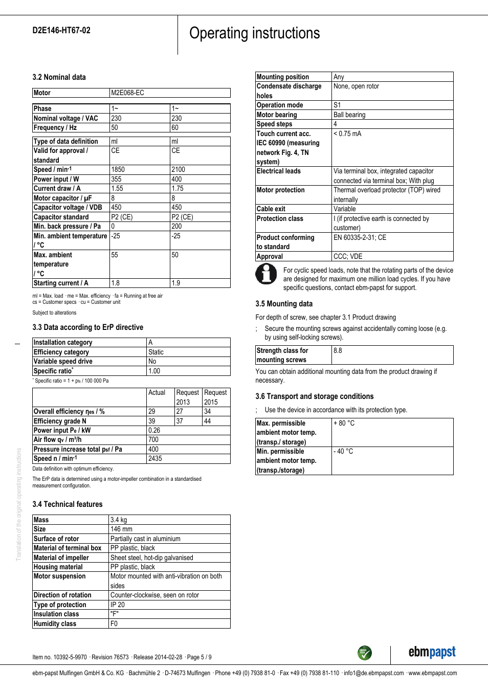 Operating instructions | ebm-papst D2E146-HT67-02 User Manual | Page 5 / 9
