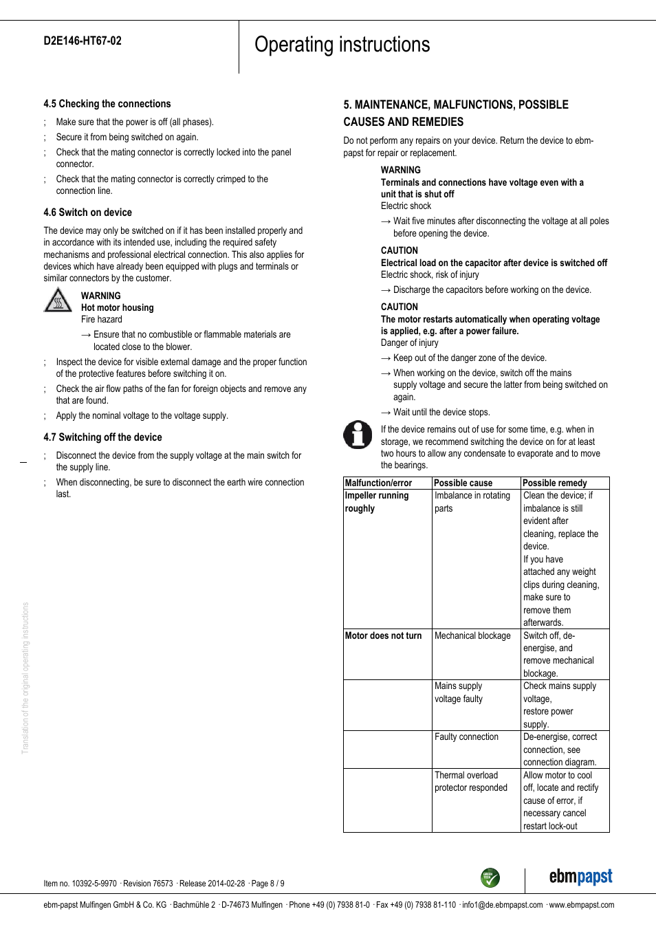 Operating instructions | ebm-papst D2E146-HT67-02 User Manual | Page 8 / 9