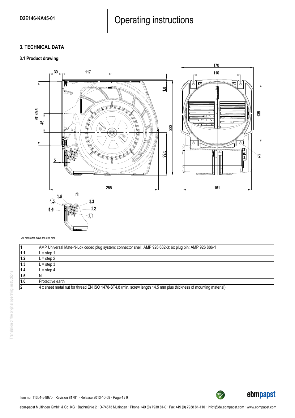Operating instructions | ebm-papst D2E146-KA45-01 User Manual | Page 4 / 9