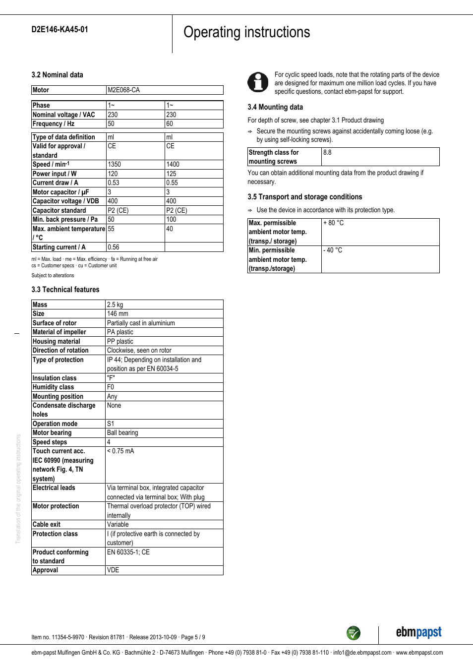 Operating instructions | ebm-papst D2E146-KA45-01 User Manual | Page 5 / 9