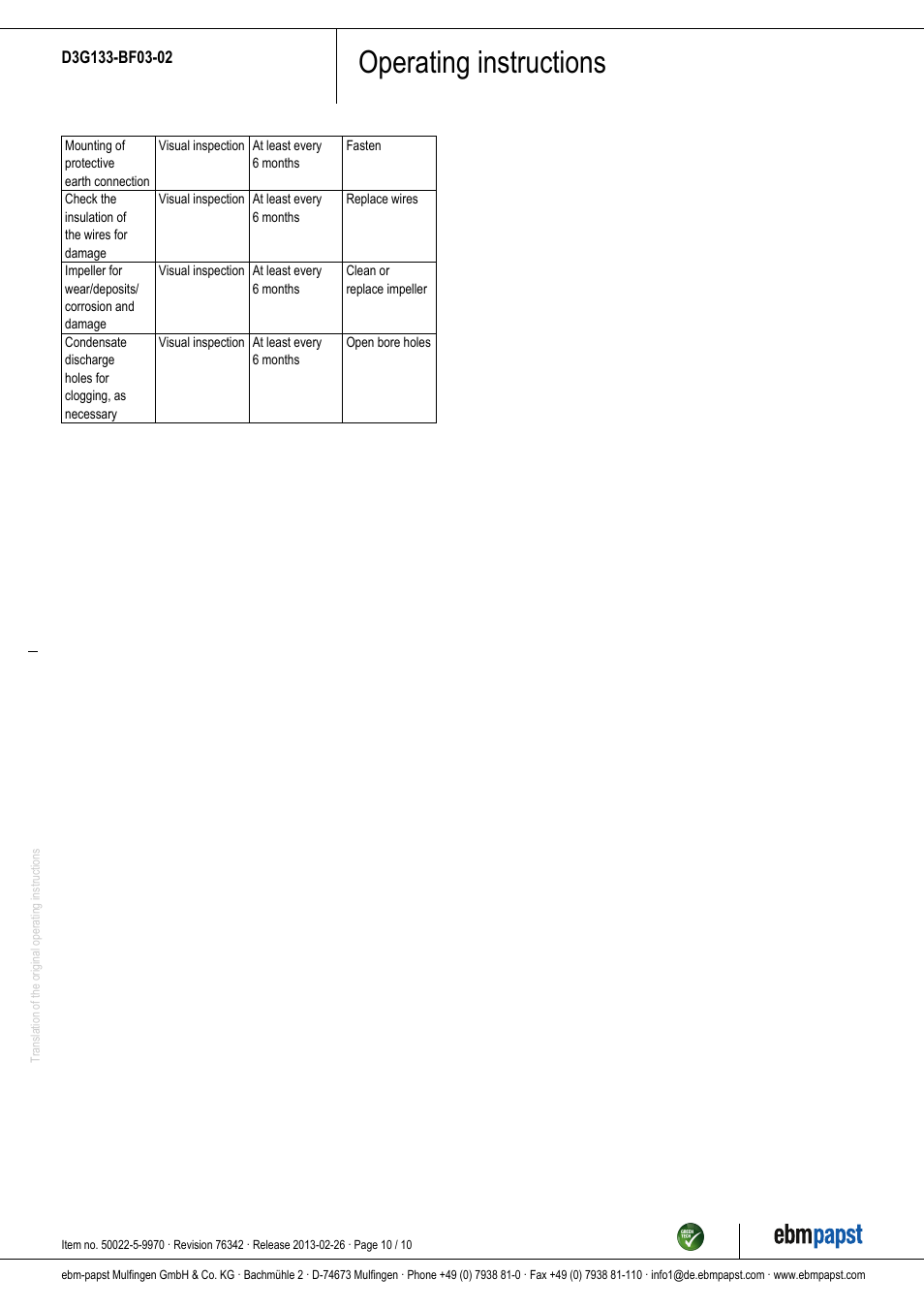 Operating instructions | ebm-papst D3G133-BF03-02 User Manual | Page 10 / 10