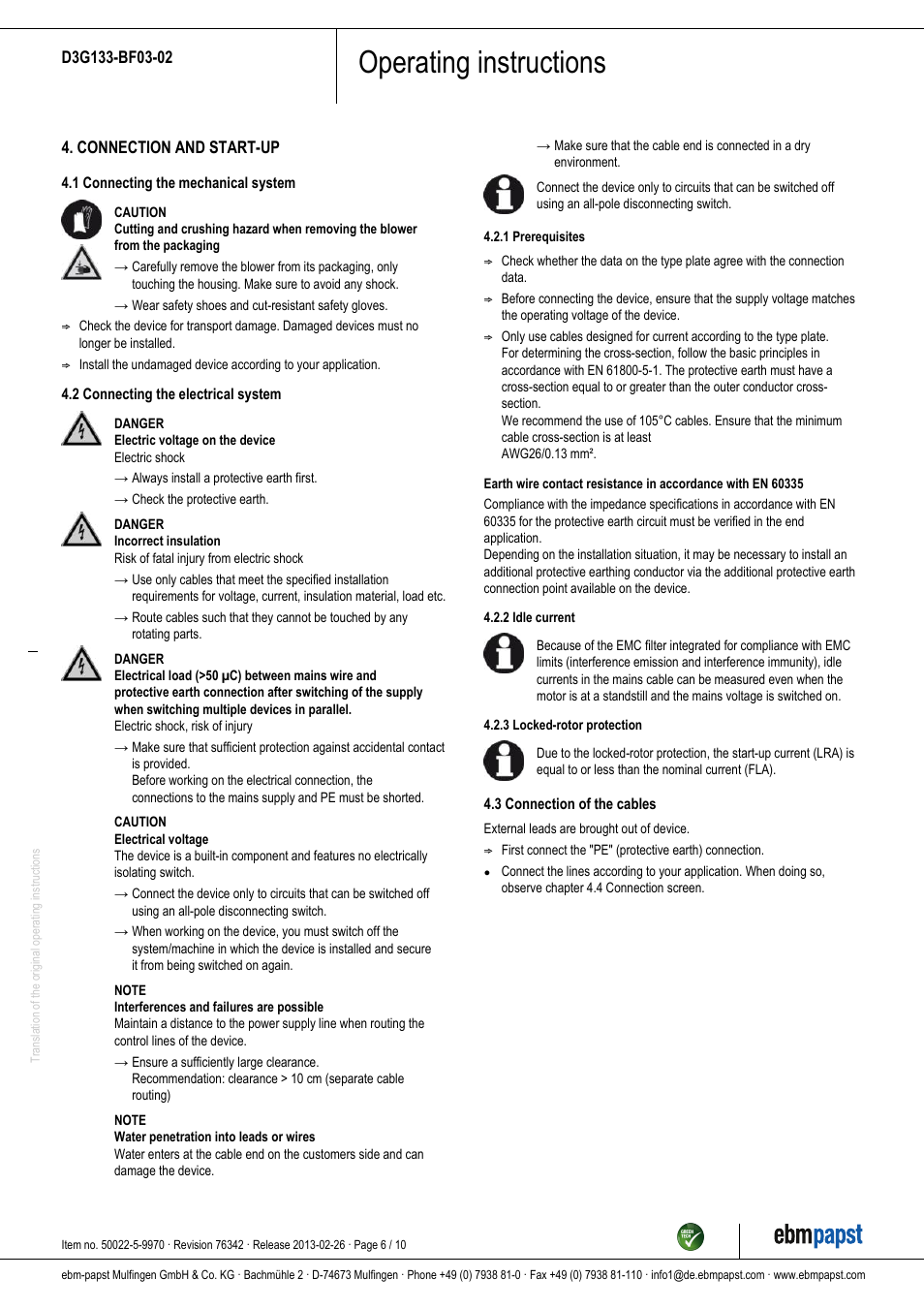 Operating instructions | ebm-papst D3G133-BF03-02 User Manual | Page 6 / 10