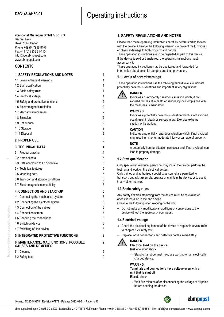 ebm-papst D3G146-AH50-01 User Manual | 10 pages