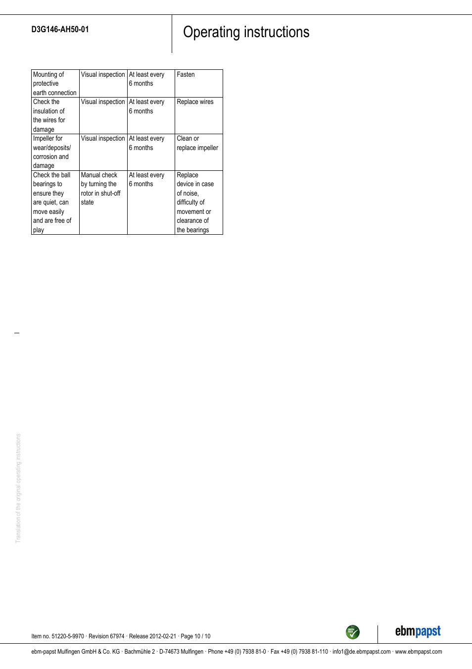 Operating instructions | ebm-papst D3G146-AH50-01 User Manual | Page 10 / 10