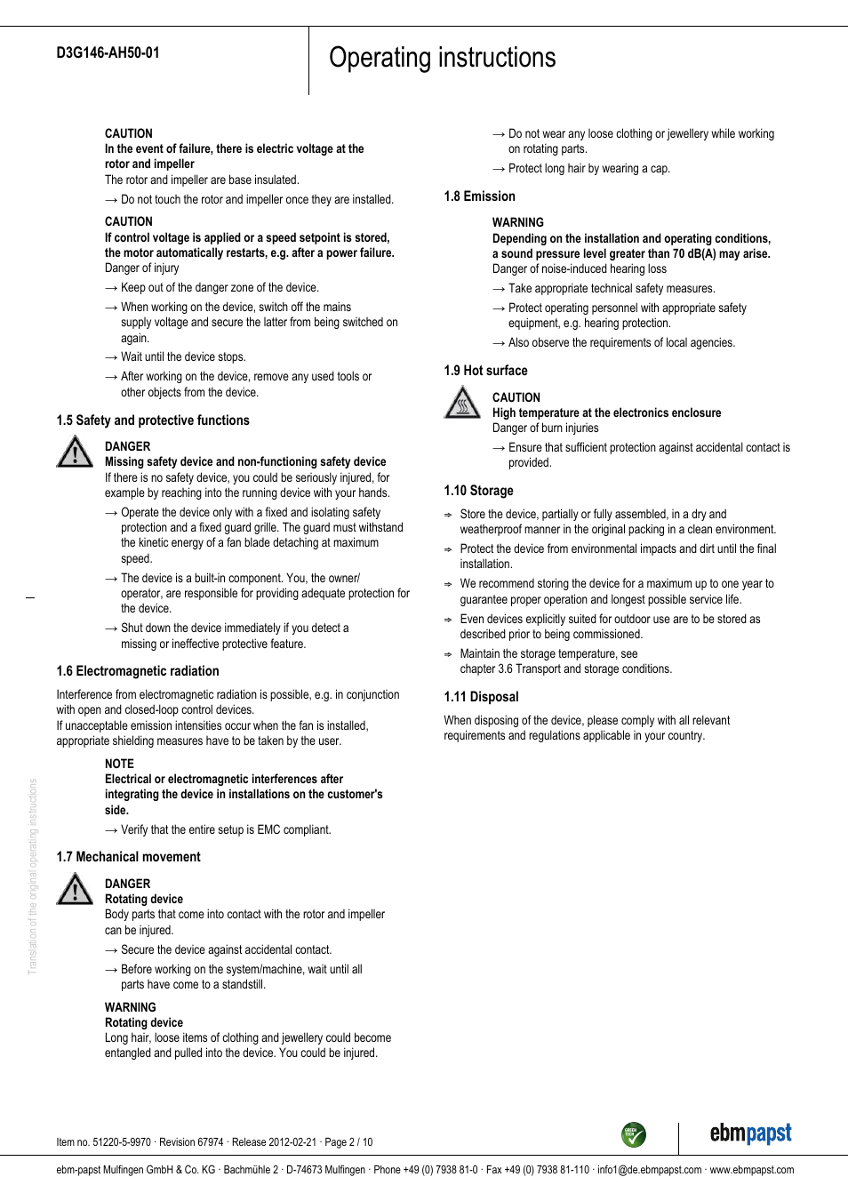 Operating instructions | ebm-papst D3G146-AH50-01 User Manual | Page 2 / 10