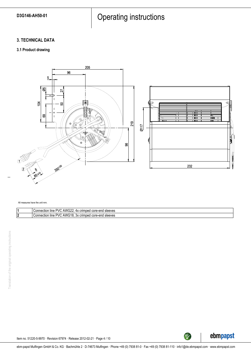 Operating instructions | ebm-papst D3G146-AH50-01 User Manual | Page 4 / 10