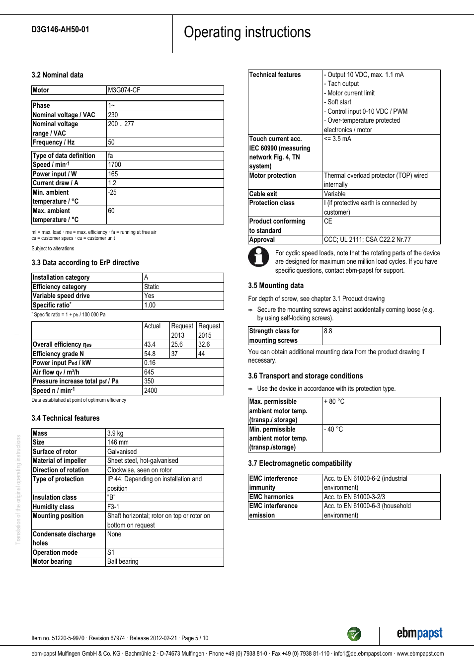 Operating instructions | ebm-papst D3G146-AH50-01 User Manual | Page 5 / 10