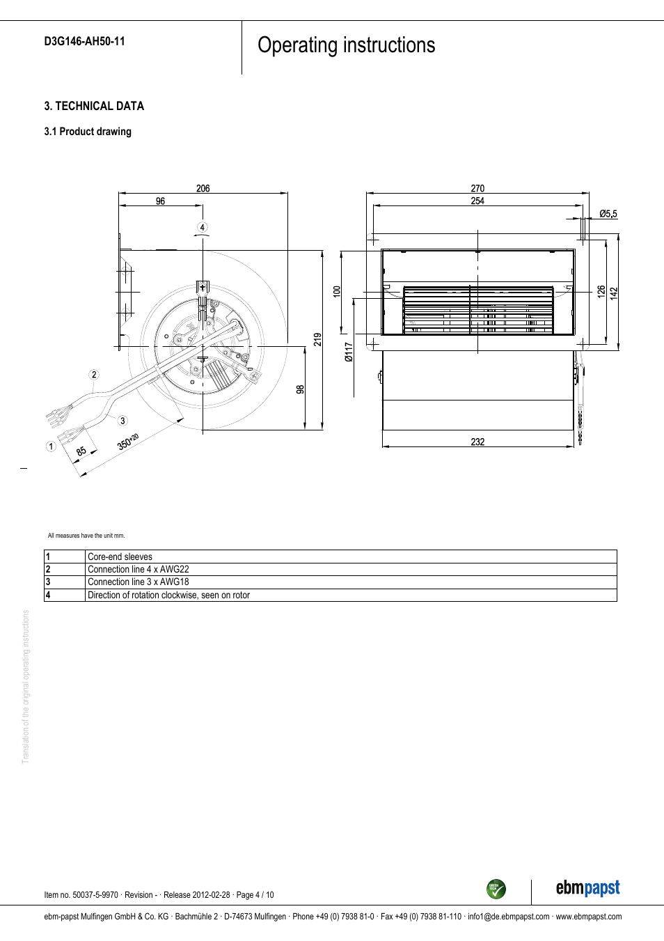 Operating instructions | ebm-papst D3G146-AH50-11 User Manual | Page 4 / 10