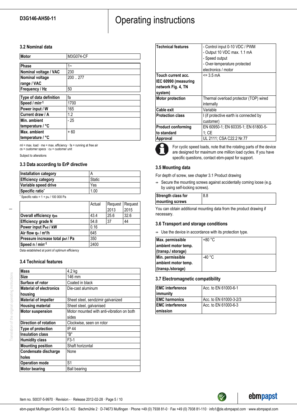 Operating instructions | ebm-papst D3G146-AH50-11 User Manual | Page 5 / 10