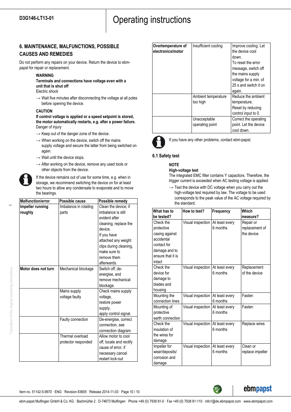 Operating instructions | ebm-papst D3G146-LT13-01 User Manual | Page 10 / 10