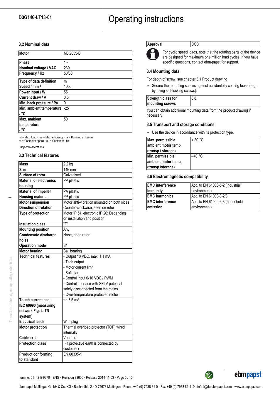 Operating instructions | ebm-papst D3G146-LT13-01 User Manual | Page 5 / 10