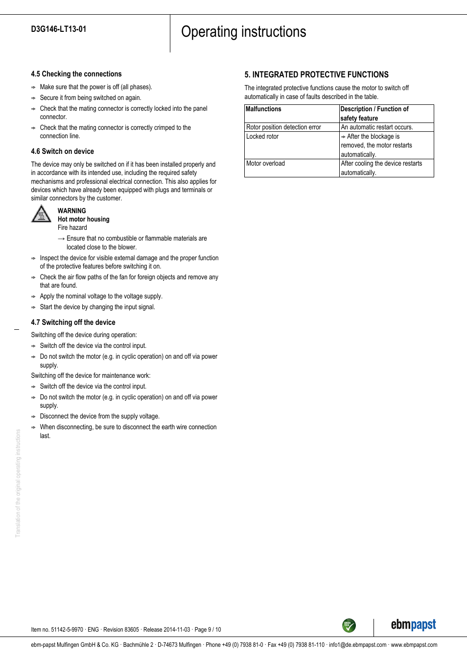 Operating instructions | ebm-papst D3G146-LT13-01 User Manual | Page 9 / 10