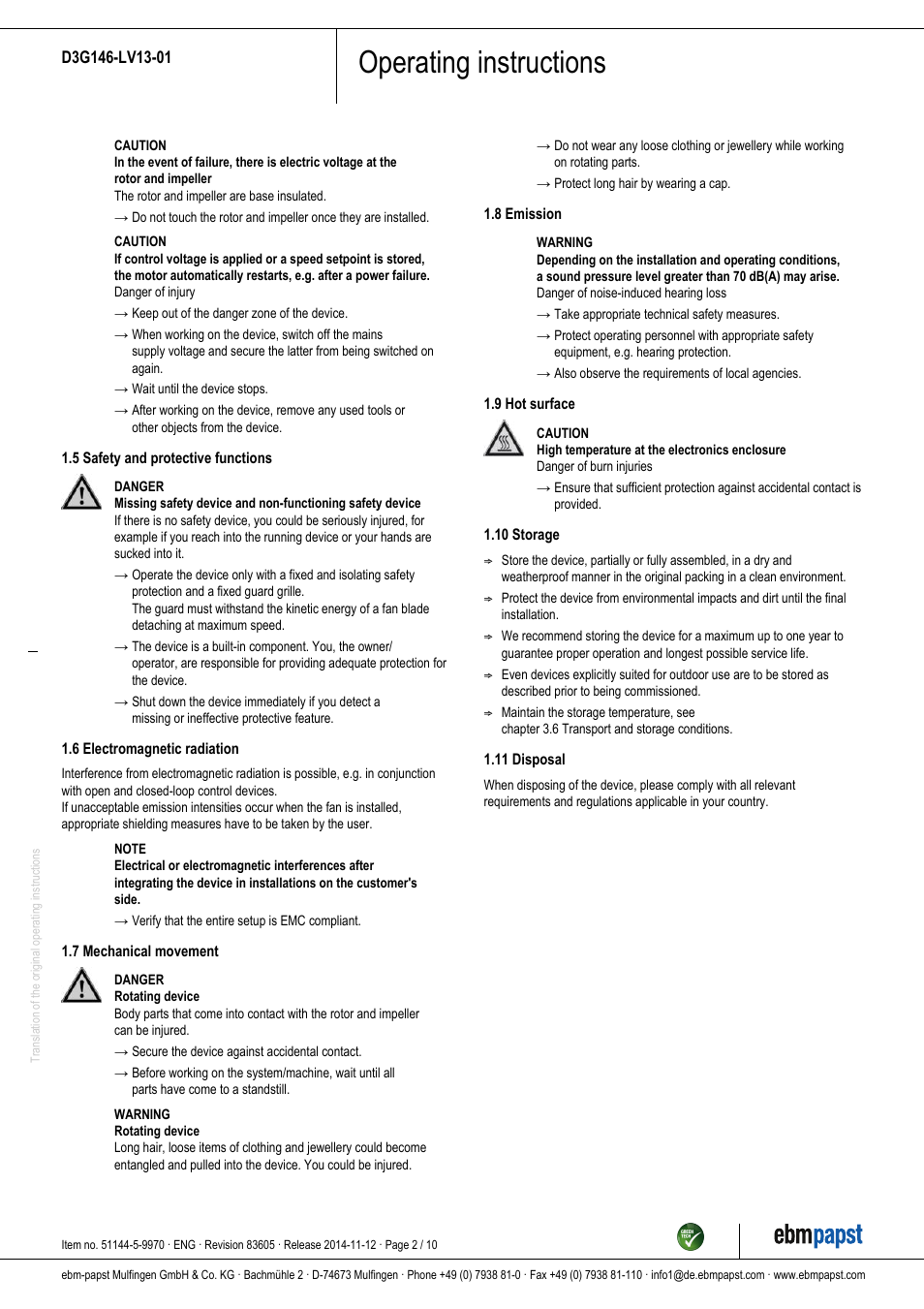 Operating instructions | ebm-papst D3G146-LV13-01 User Manual | Page 2 / 10