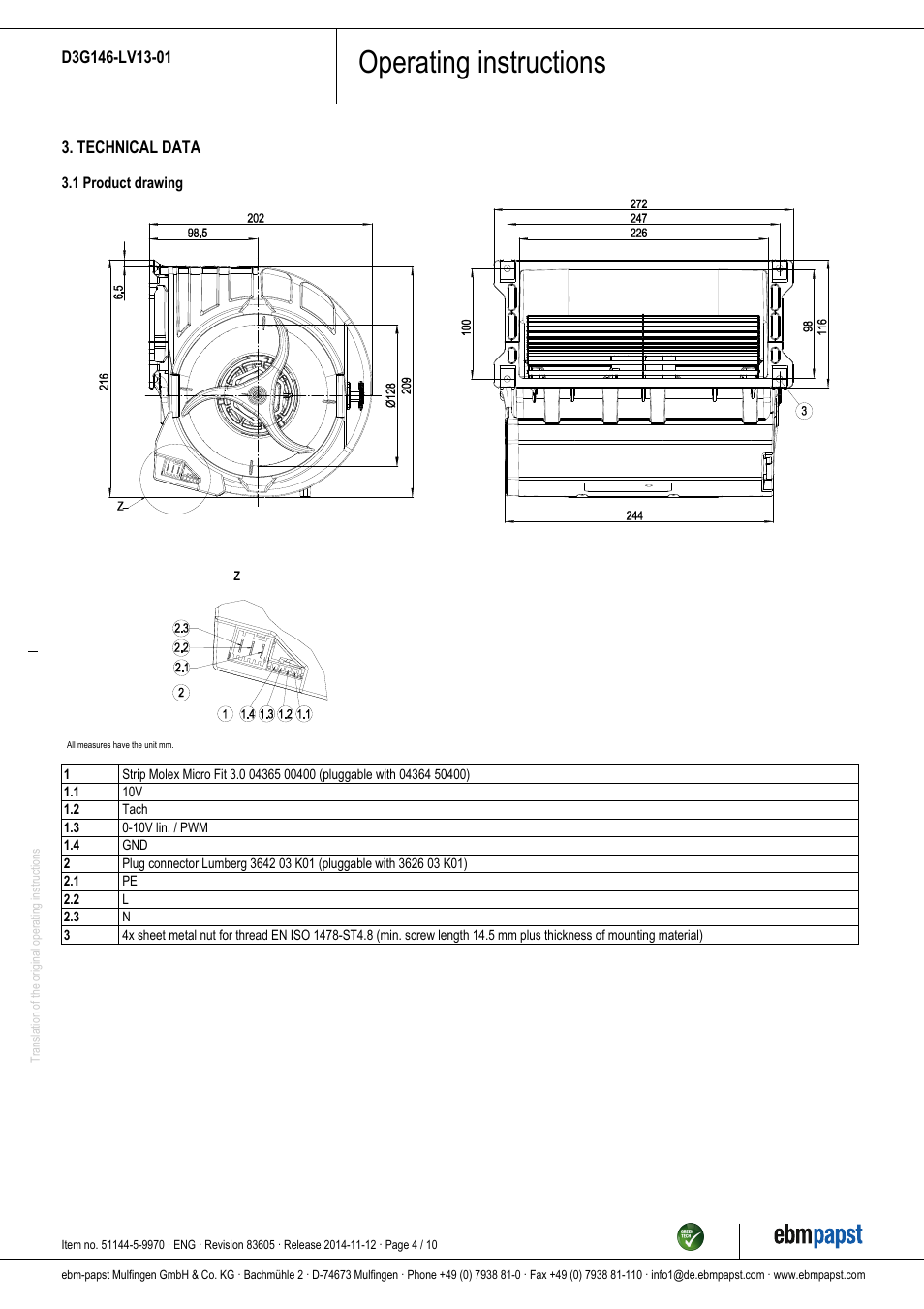 Operating instructions | ebm-papst D3G146-LV13-01 User Manual | Page 4 / 10