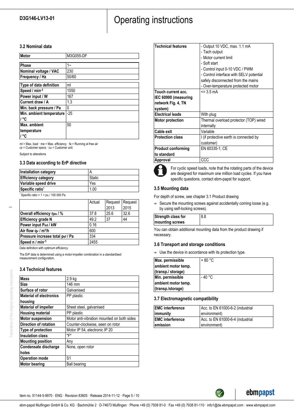 Operating instructions | ebm-papst D3G146-LV13-01 User Manual | Page 5 / 10