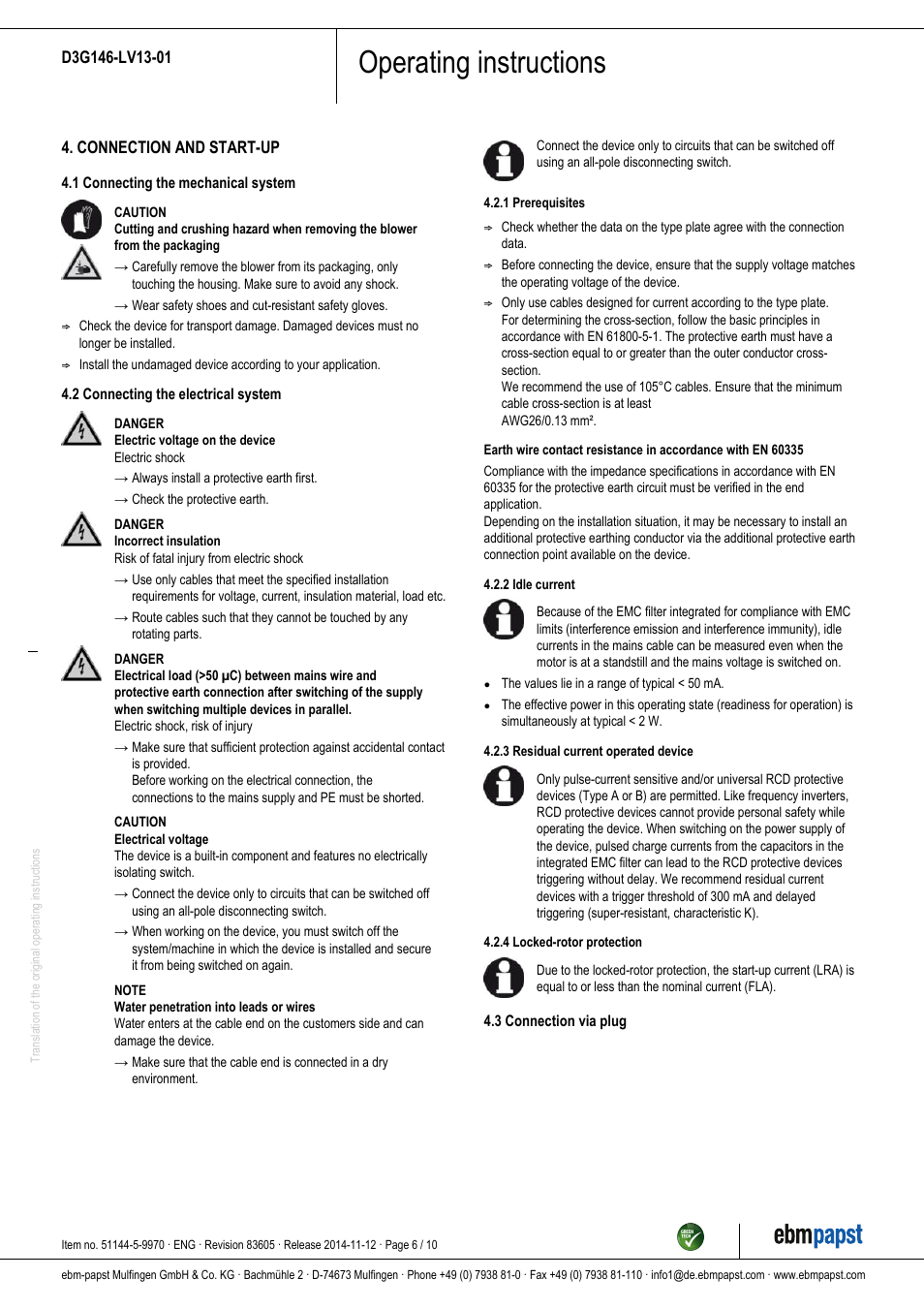 Operating instructions | ebm-papst D3G146-LV13-01 User Manual | Page 6 / 10