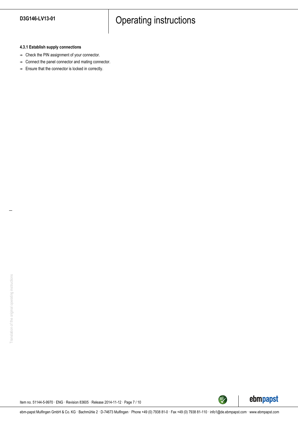 Operating instructions | ebm-papst D3G146-LV13-01 User Manual | Page 7 / 10