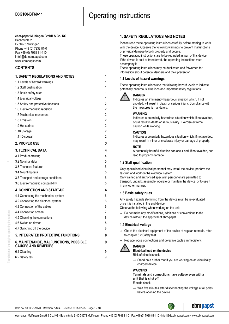 ebm-papst D3G160-BF60-11 User Manual | 10 pages