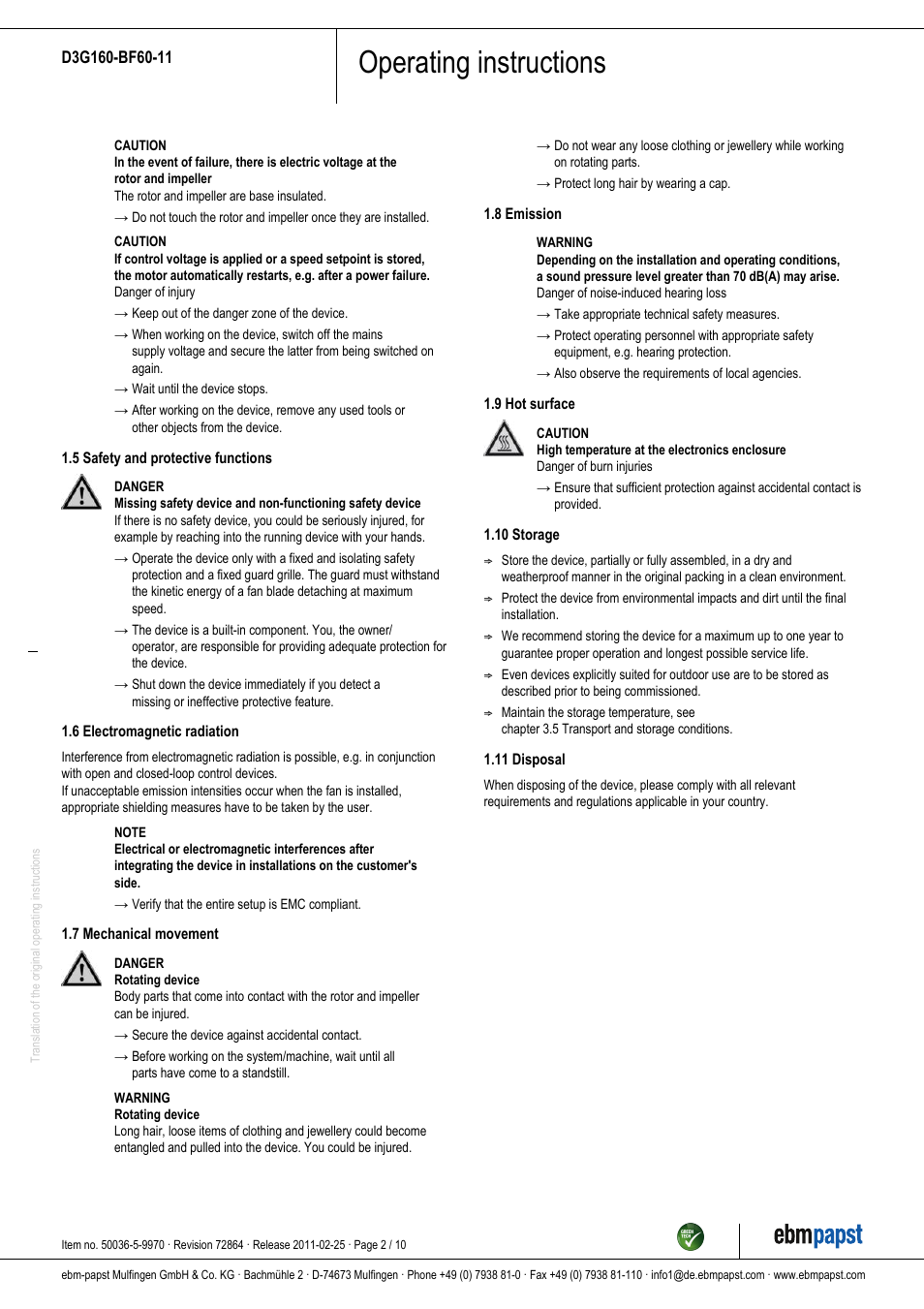 Operating instructions | ebm-papst D3G160-BF60-11 User Manual | Page 2 / 10