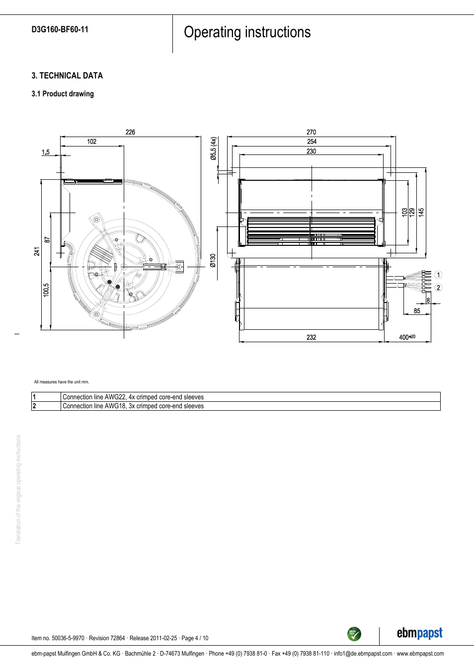 Operating instructions | ebm-papst D3G160-BF60-11 User Manual | Page 4 / 10