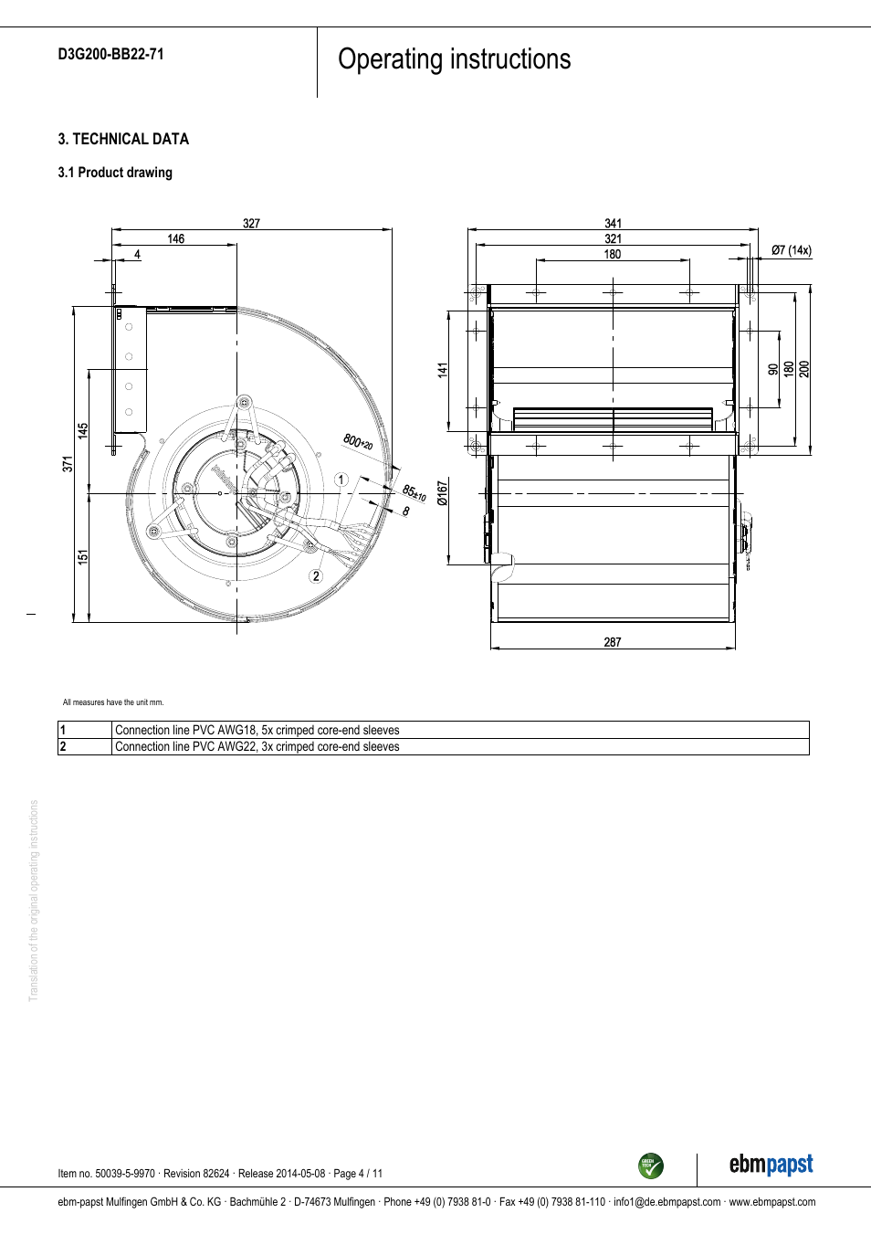 Operating instructions | ebm-papst D3G200-BB22-71 User Manual | Page 4 / 11