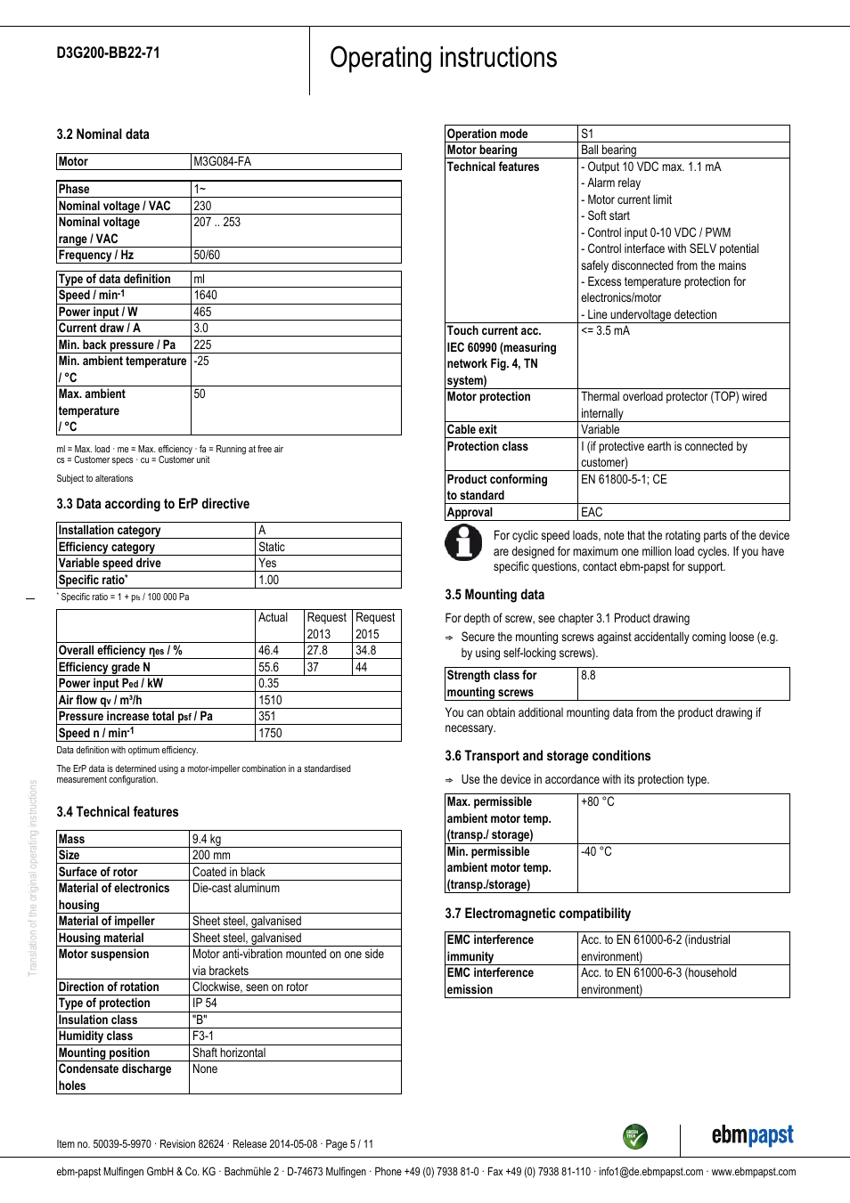 Operating instructions | ebm-papst D3G200-BB22-71 User Manual | Page 5 / 11