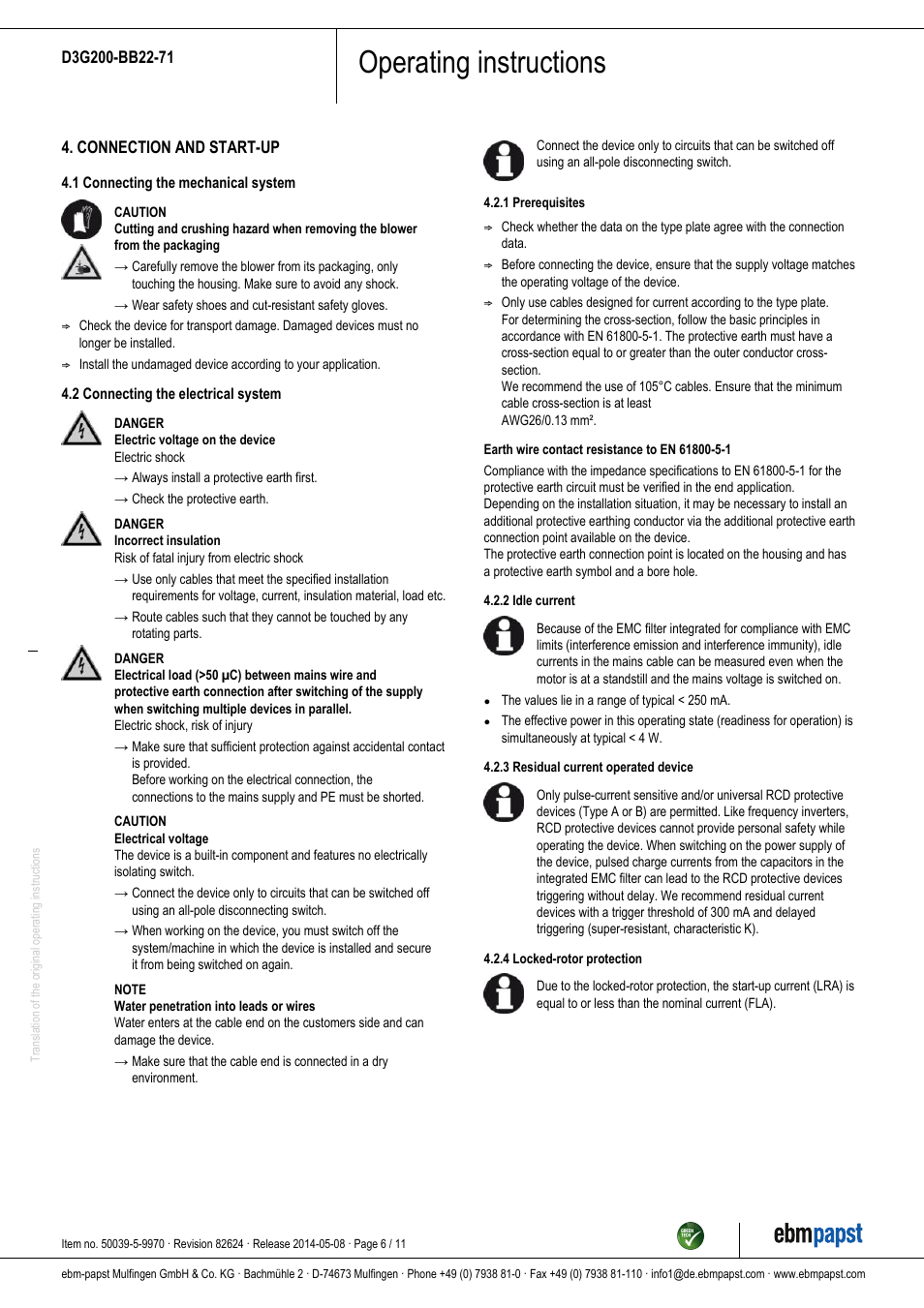 Operating instructions | ebm-papst D3G200-BB22-71 User Manual | Page 6 / 11