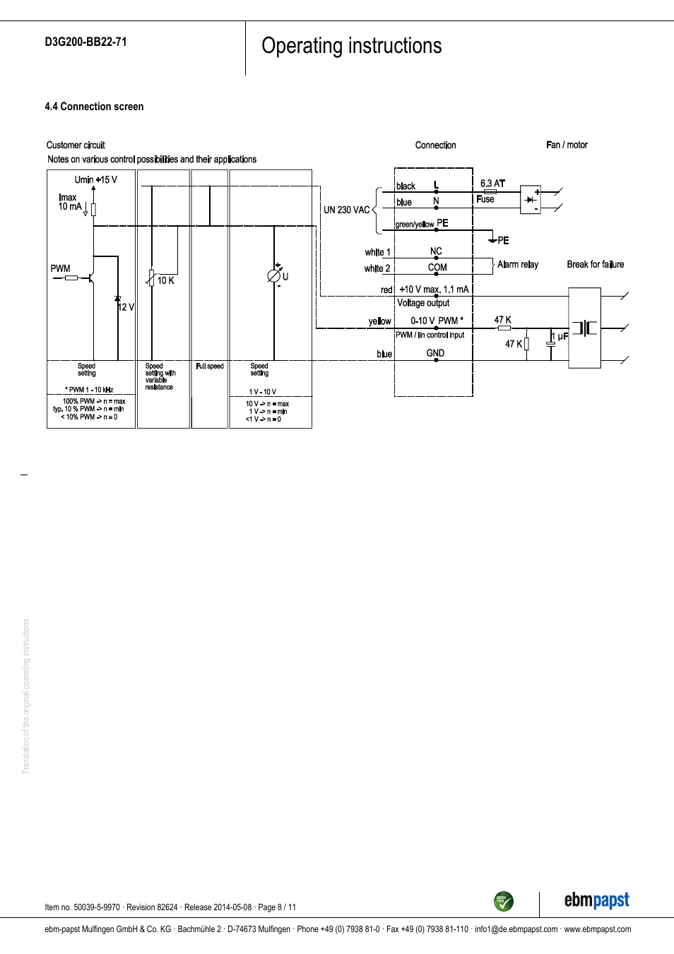 Operating instructions | ebm-papst D3G200-BB22-71 User Manual | Page 8 / 11