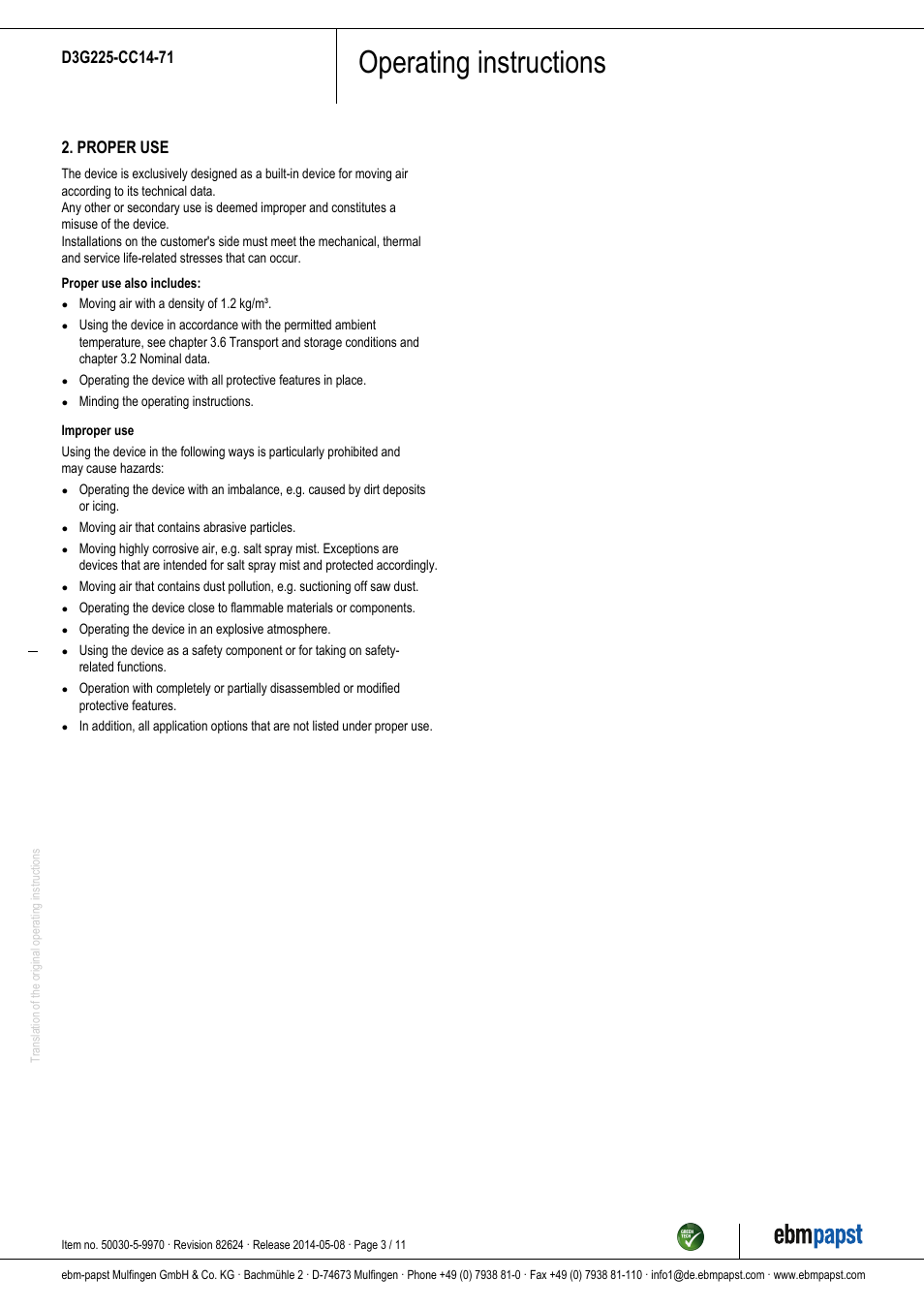 Operating instructions, Proper use | ebm-papst D3G225-CC14-71 User Manual | Page 3 / 11