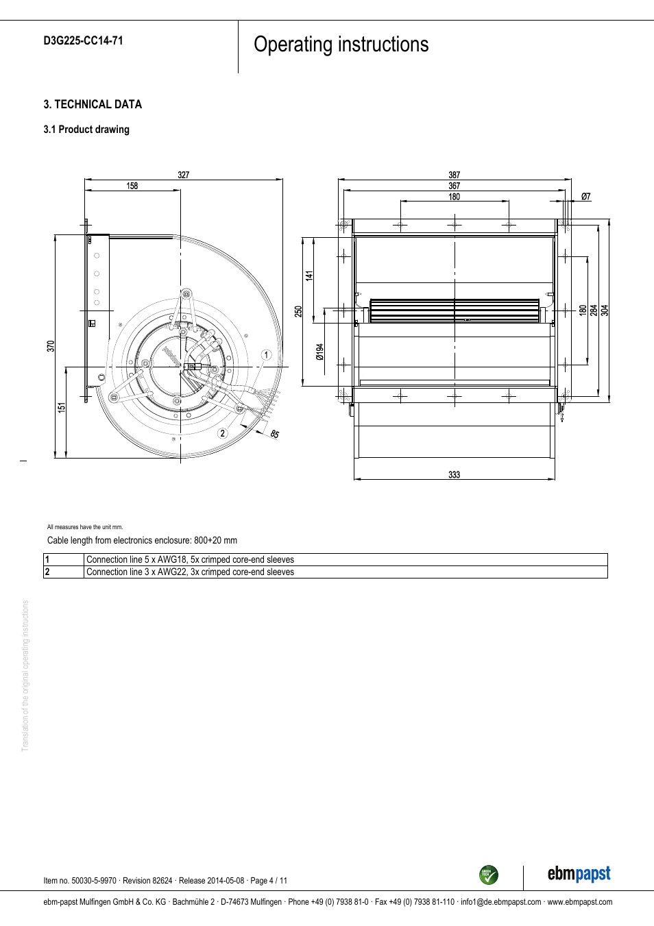 Operating instructions | ebm-papst D3G225-CC14-71 User Manual | Page 4 / 11